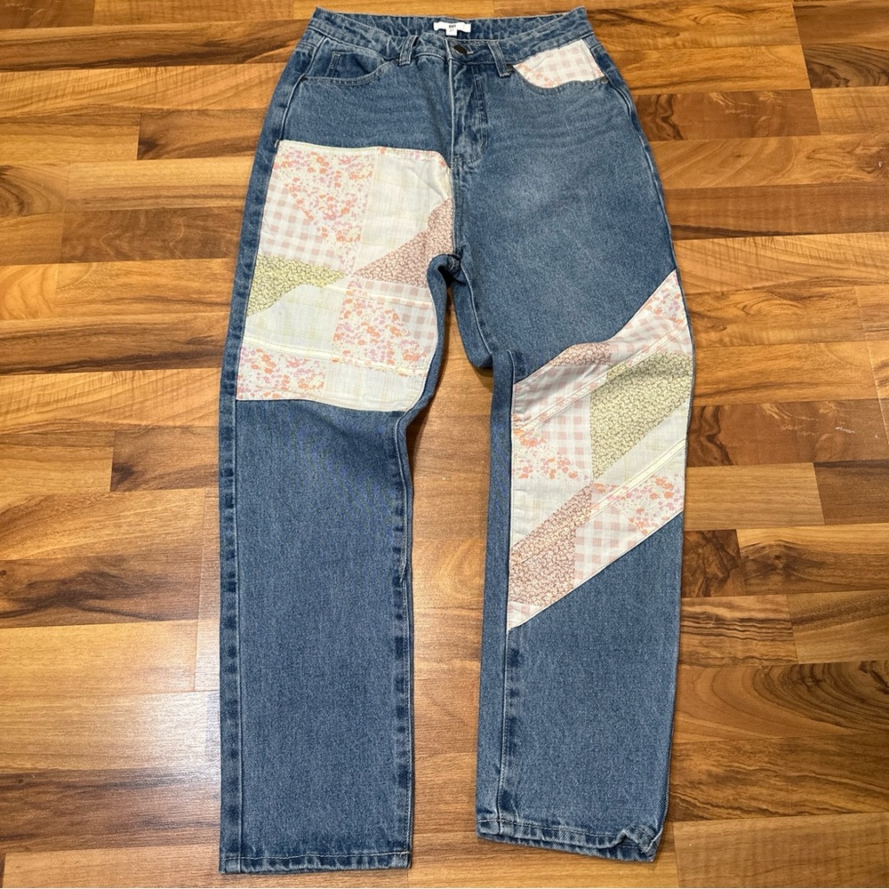 BP Quilt Patchwork Y2K Inspired Tapered Jeans Medium Wash Womens Size 27